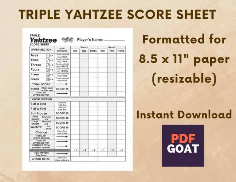 Printable Triple Yahtzee Score Sheets in PDF Format